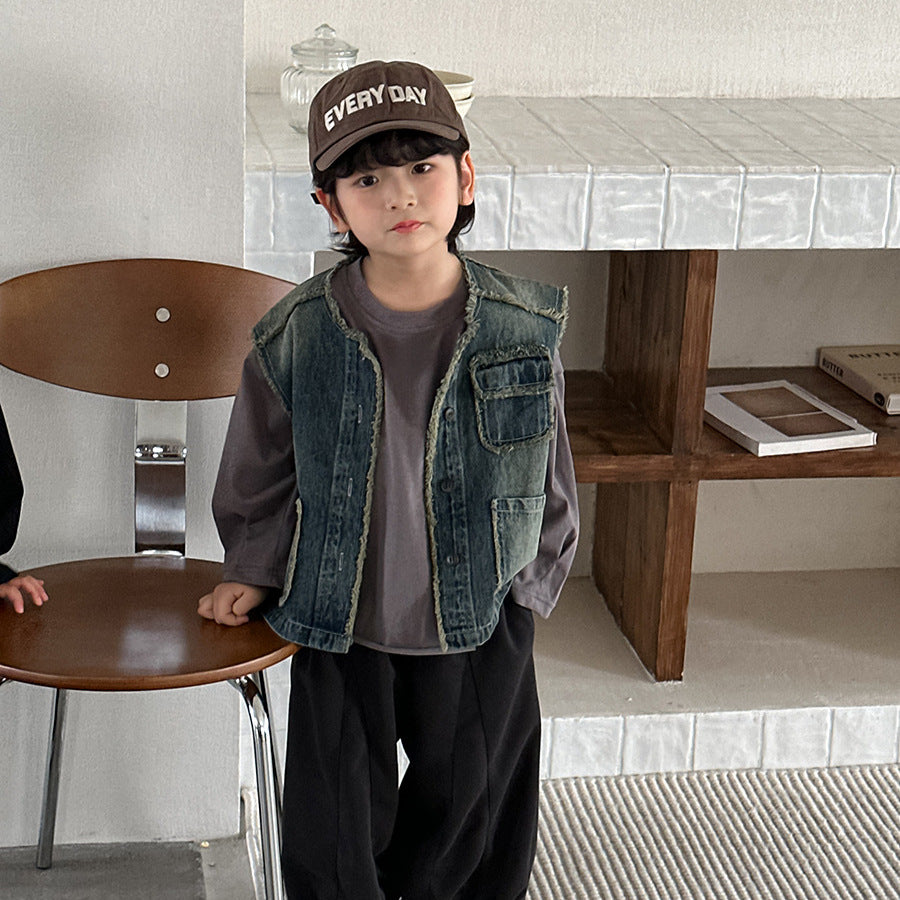 【80-140cm】短款毛邊牛仔工裝馬甲