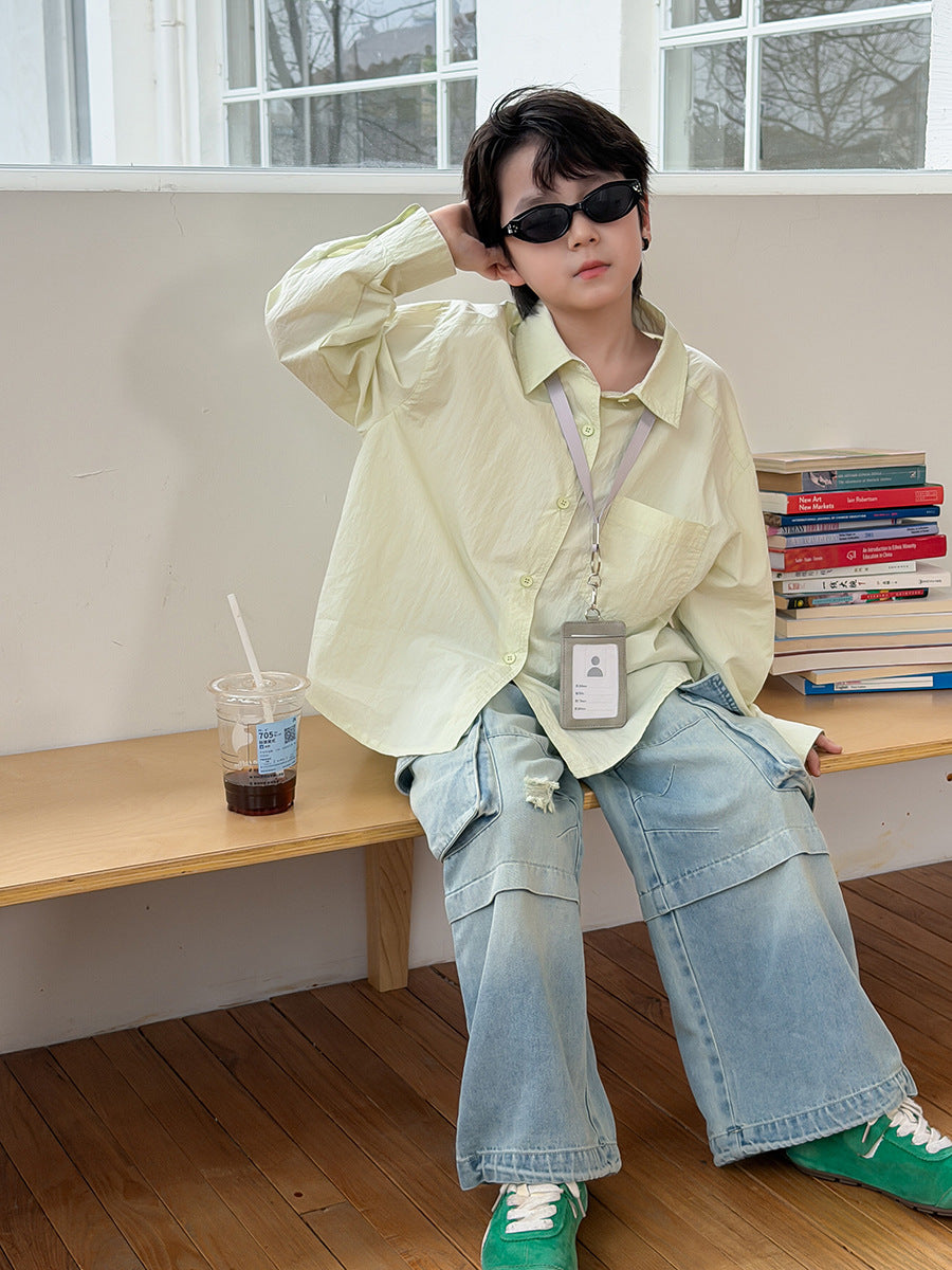 【100-170cm】純色寬鬆口袋襯衫