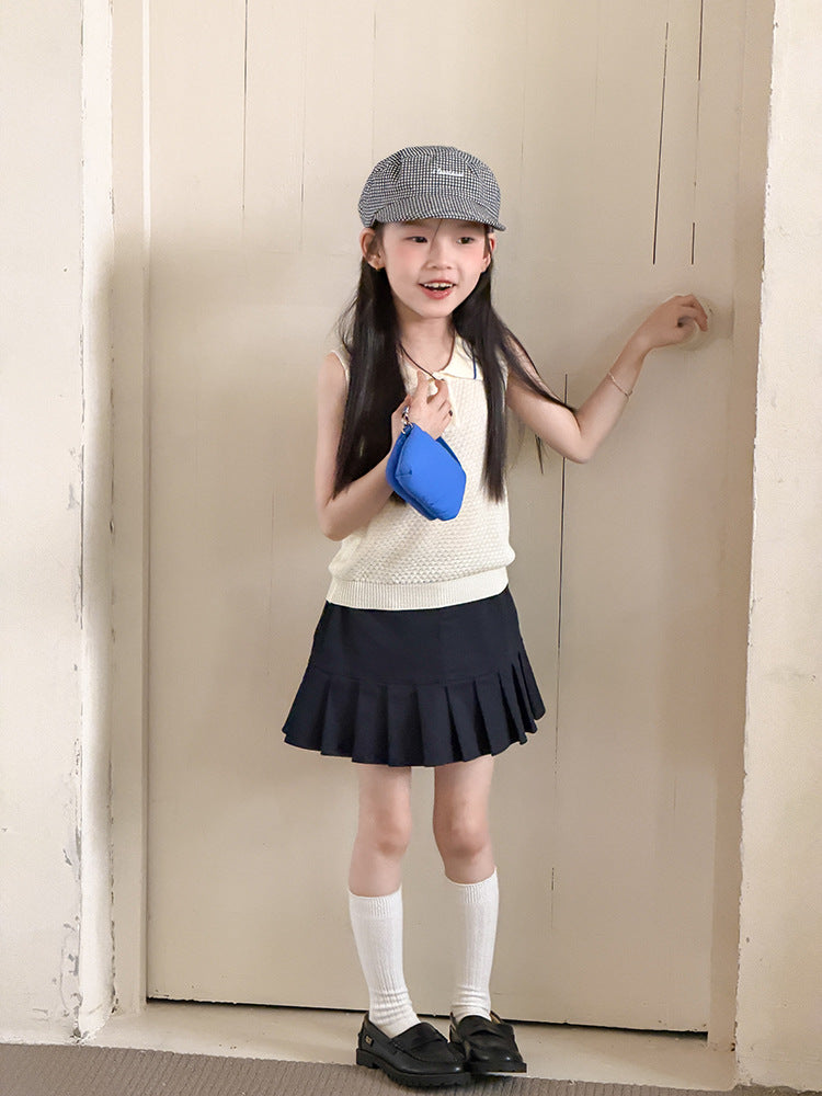 【100-170cm】立體鏤空網眼針織Polo背心 | 百褶裙