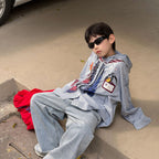 【90-160cm】韓版寬鬆休閒印花連帽襯衫