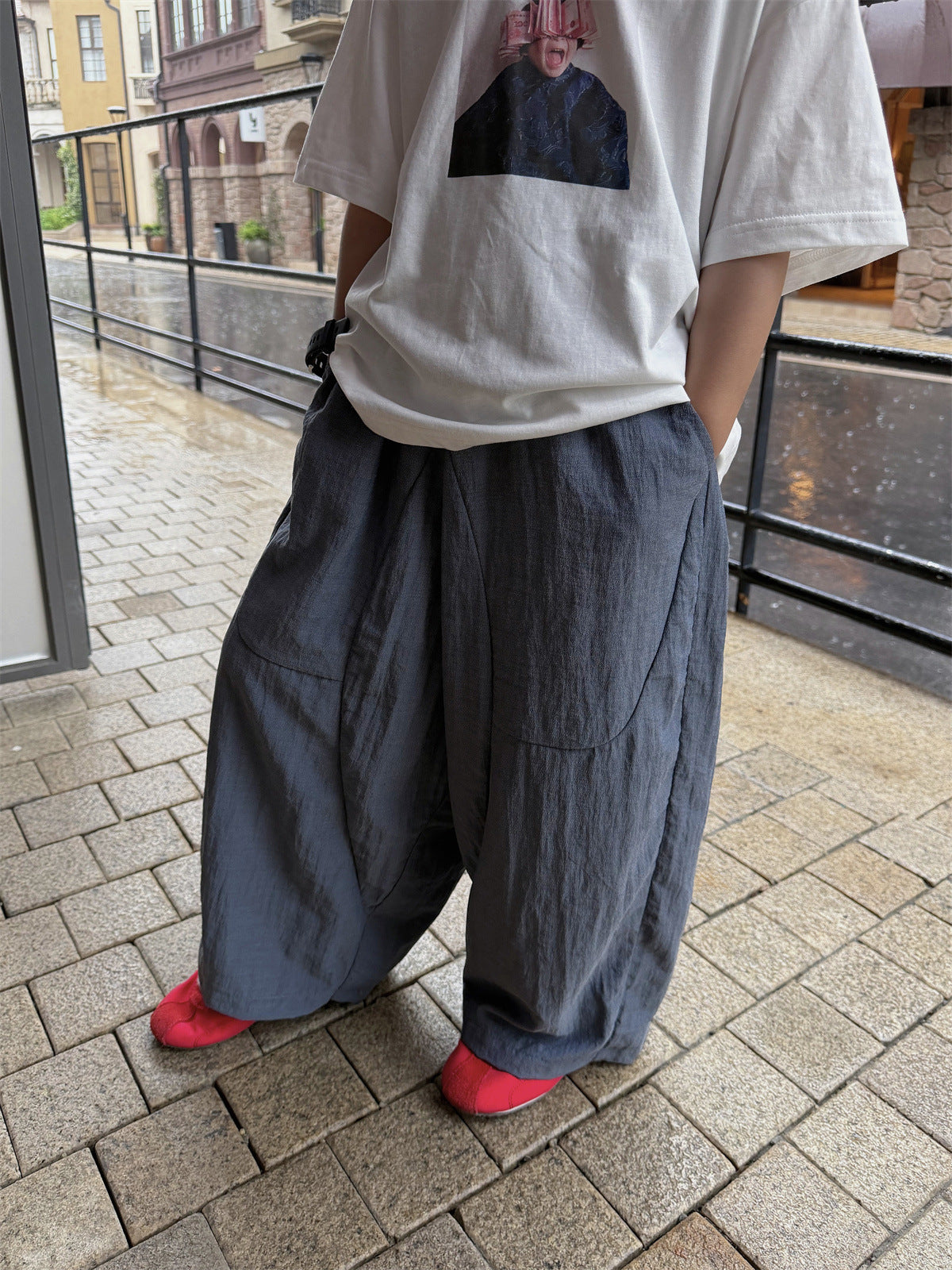 【100-160cm】輕薄透氣寬鬆闊腿褲