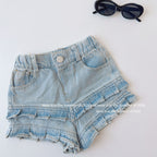 【90-150cm】韓版木耳邊高腰牛仔熱褲
