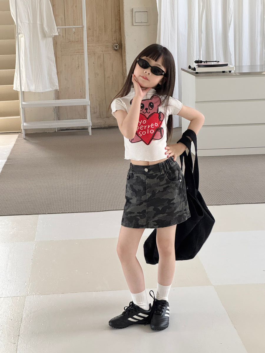 【100-150cm】高腰迷彩工裝牛仔半身裙