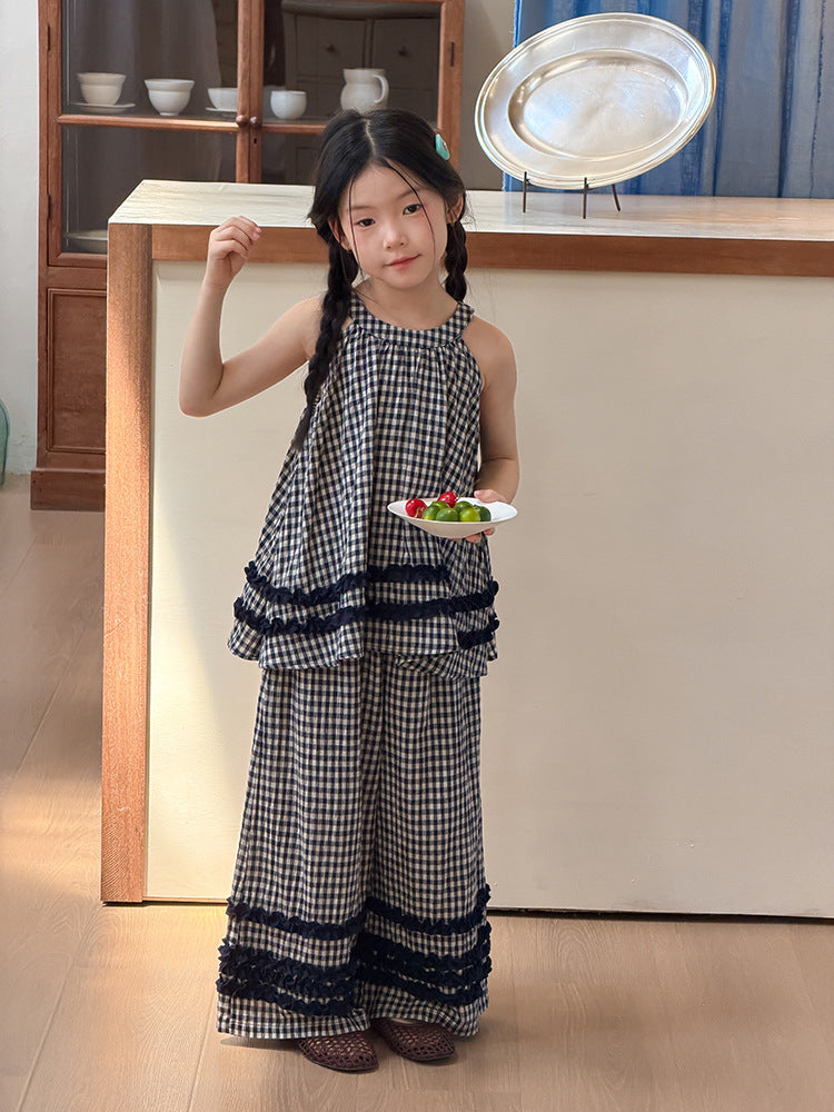 【100-170cm】格紋花邊掛脖背心闊腿褲套裝