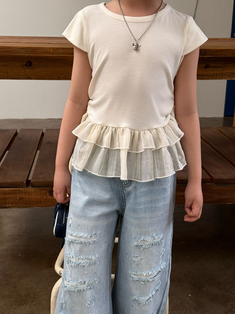 【120-160cm】彈性荷葉邊拼接短袖上衣