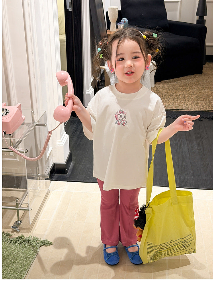 【80-140cm】貓咪後背大蝴蝶結T | 休閒喇叭褲