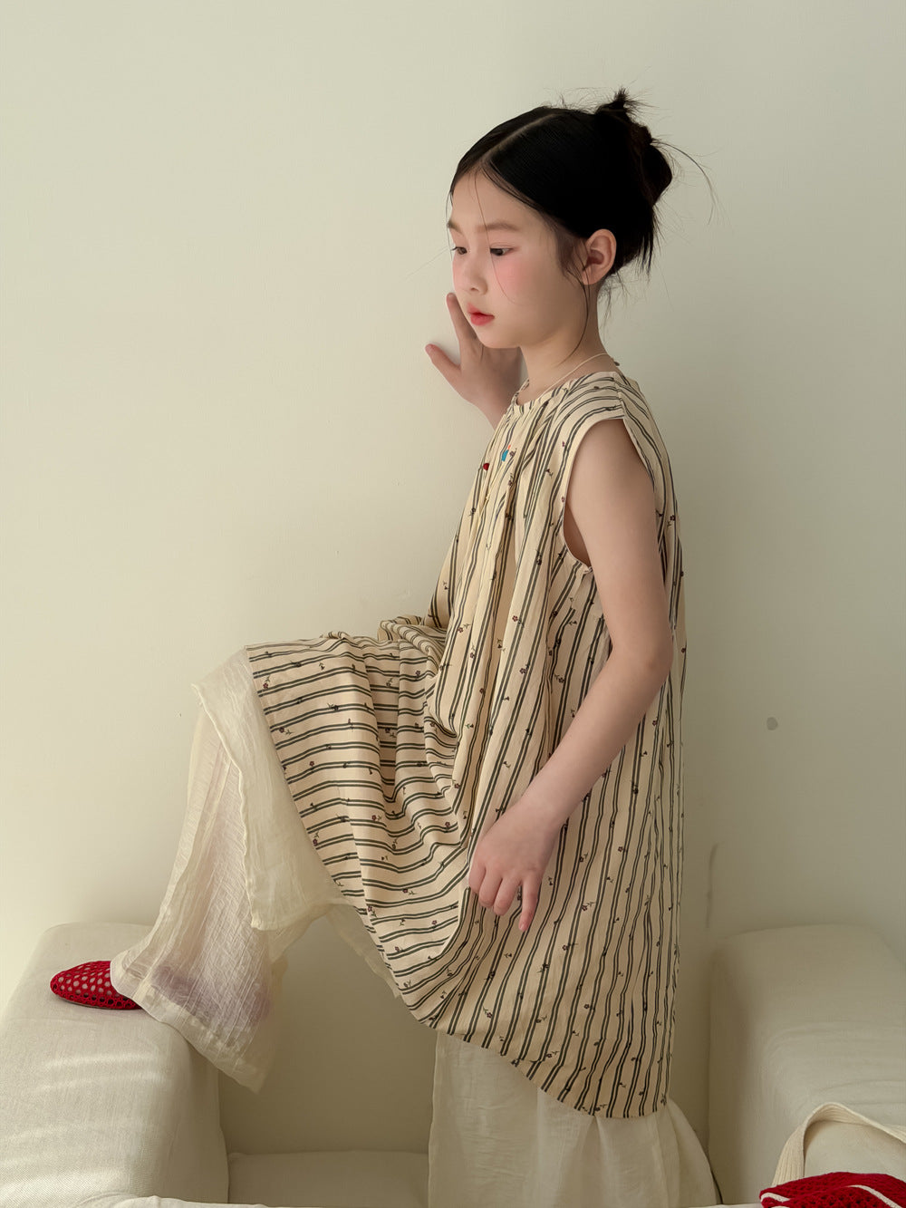 【100-160cm】韓版豎條紋小花背心裙