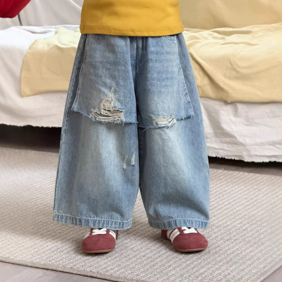 【90-140cm】時髦做舊直筒破洞牛仔褲