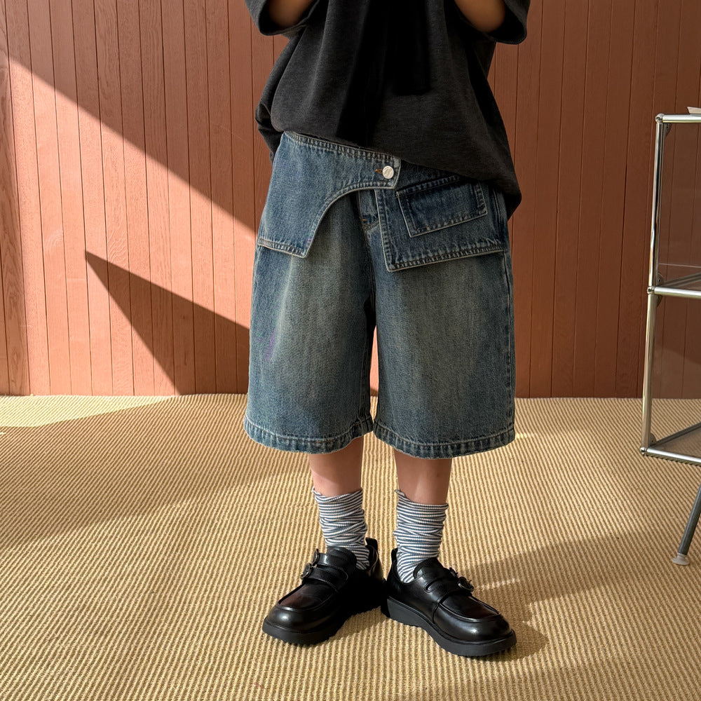 【100-160cm】韓版牛仔拼接五分褲
