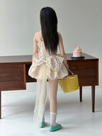 【90-160cm】碎花蝴蝶結網紗拖尾公主裙