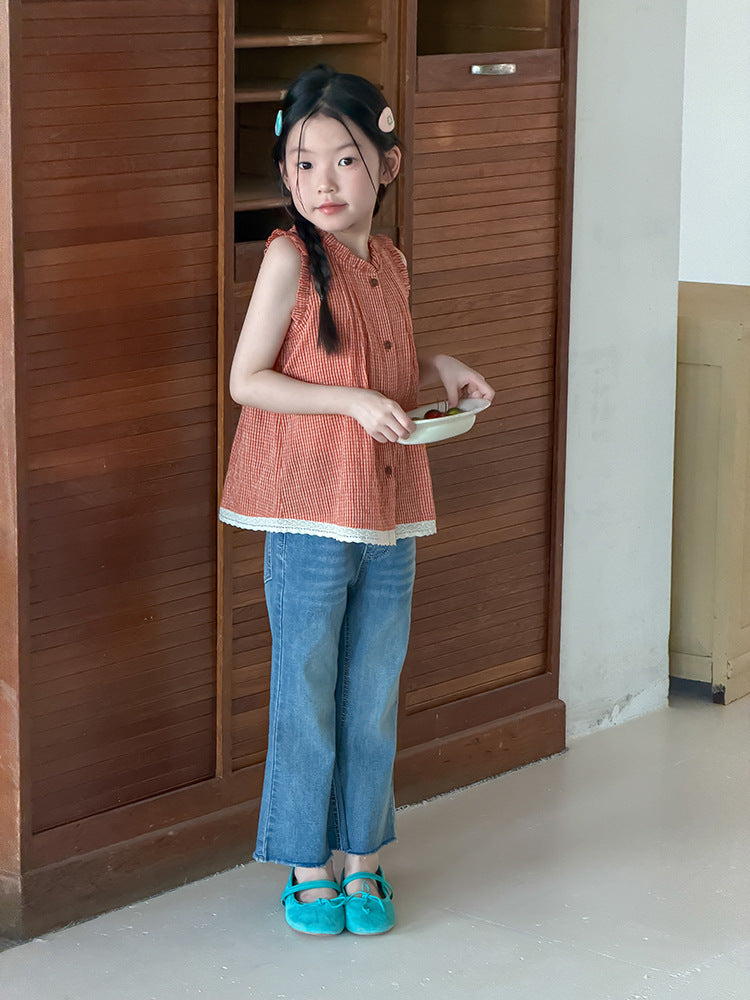 【100-170cm】蕾絲花邊格紋背心