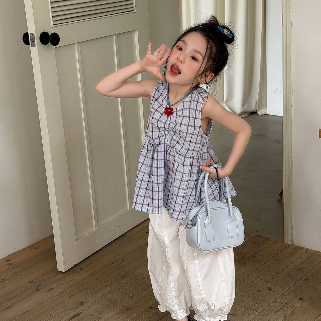【100-160cm】韓版格子無袖娃娃衫