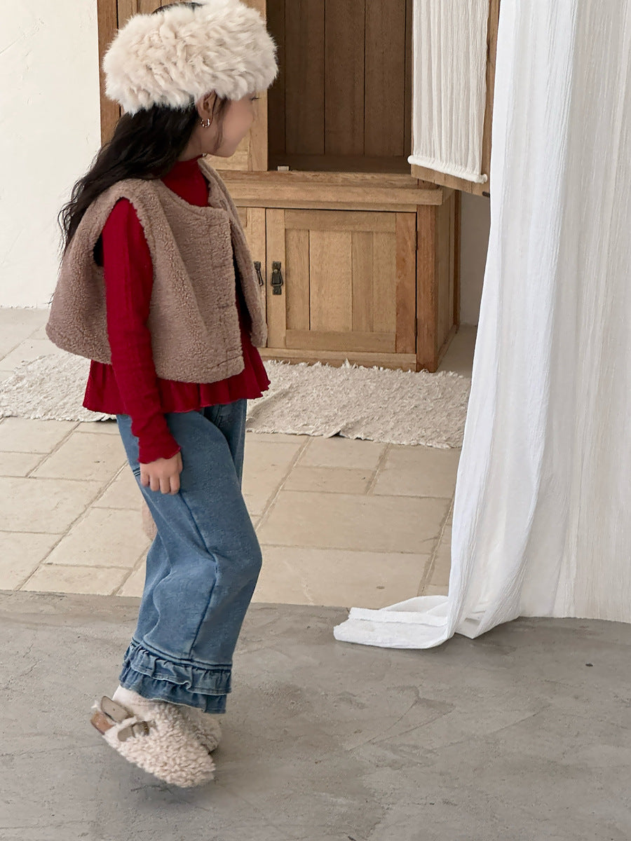 【現貨 110cm】【加絨】花邊褲腳直筒褲