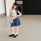 【100-150cm】韓版寬鬆牛仔五分褲