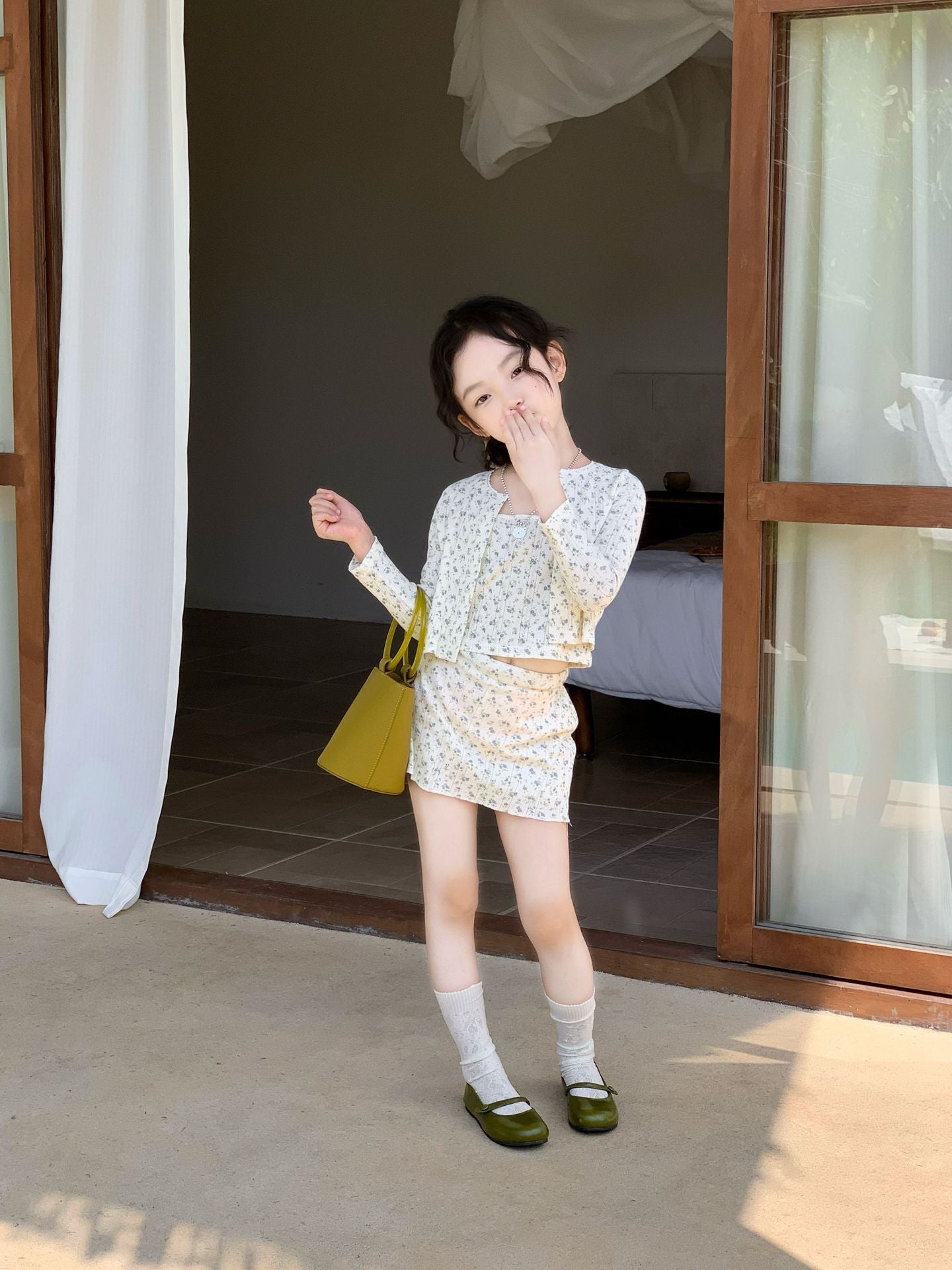 【90-150cm】碎花針織開襟衫  甜美蕾絲花邊短裙套裝