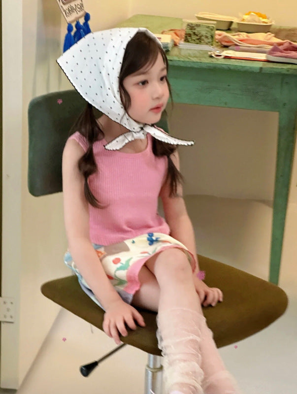 【90-140cm】坑條背心兒童彈性無袖上衣打底衫 | 印花半裙