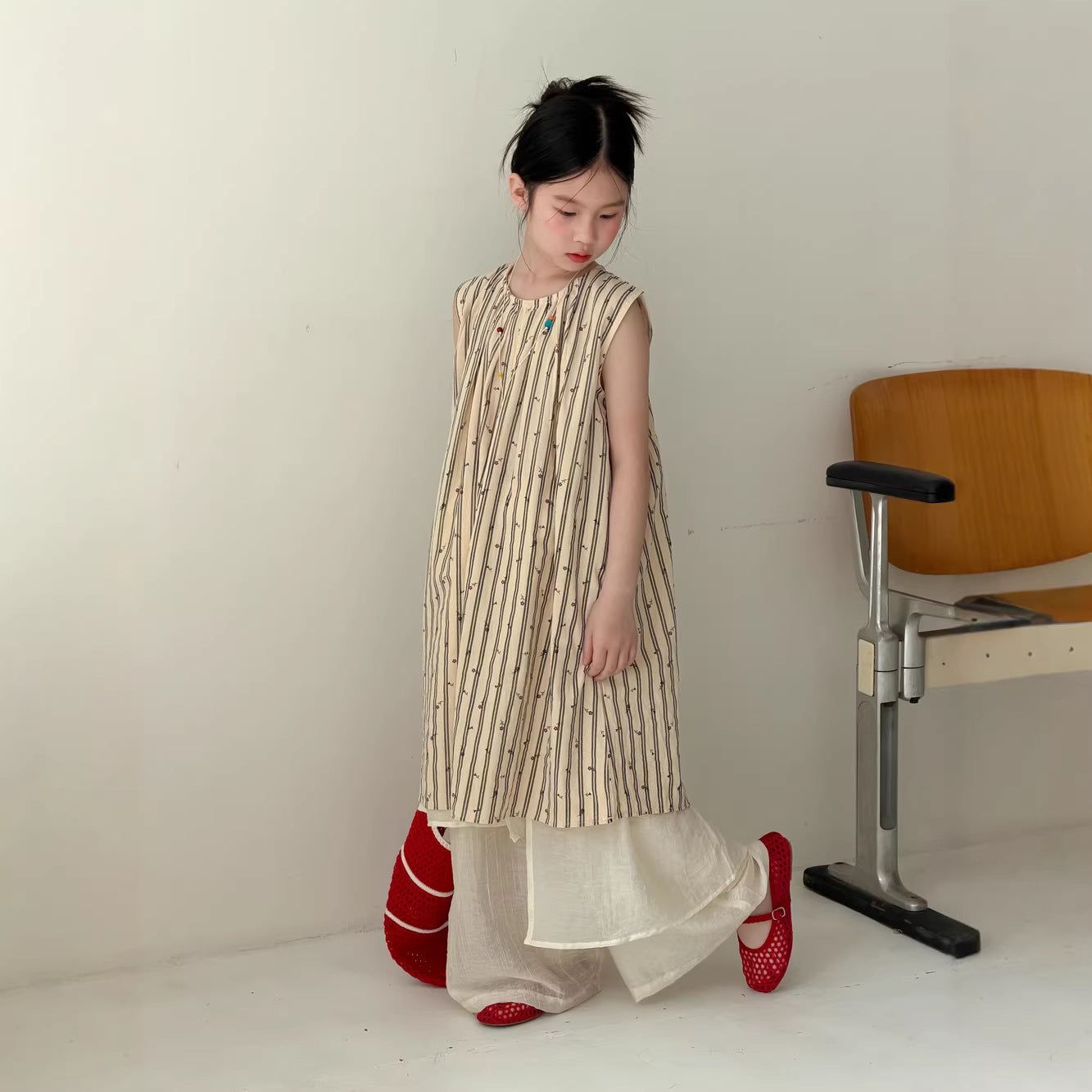 【100-160cm】韓版豎條紋小花背心裙