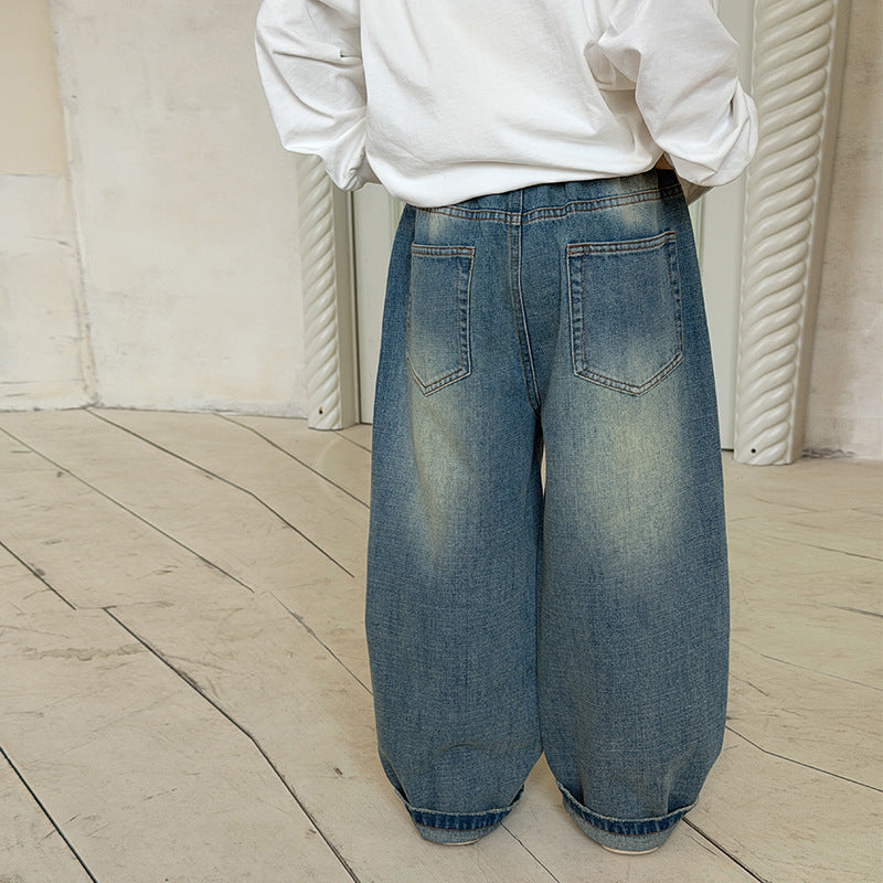 【100-170cm】帥氣砂洗棉復古彎刀牛仔褲