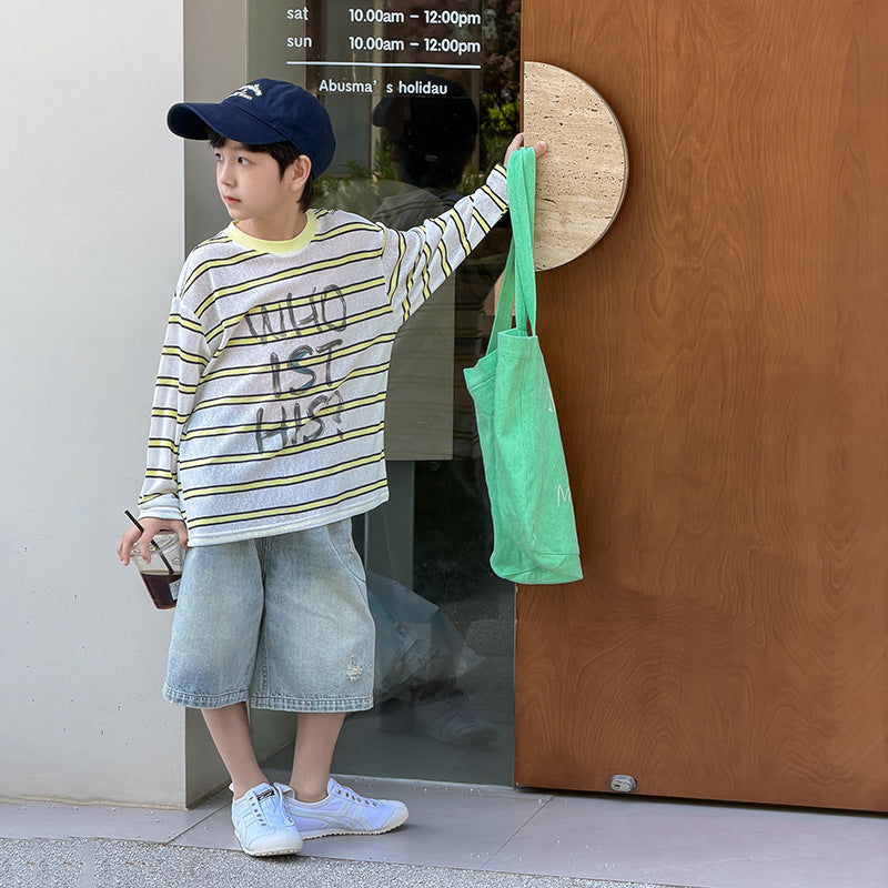 【100-170cm】撞色條紋字母防曬上衣