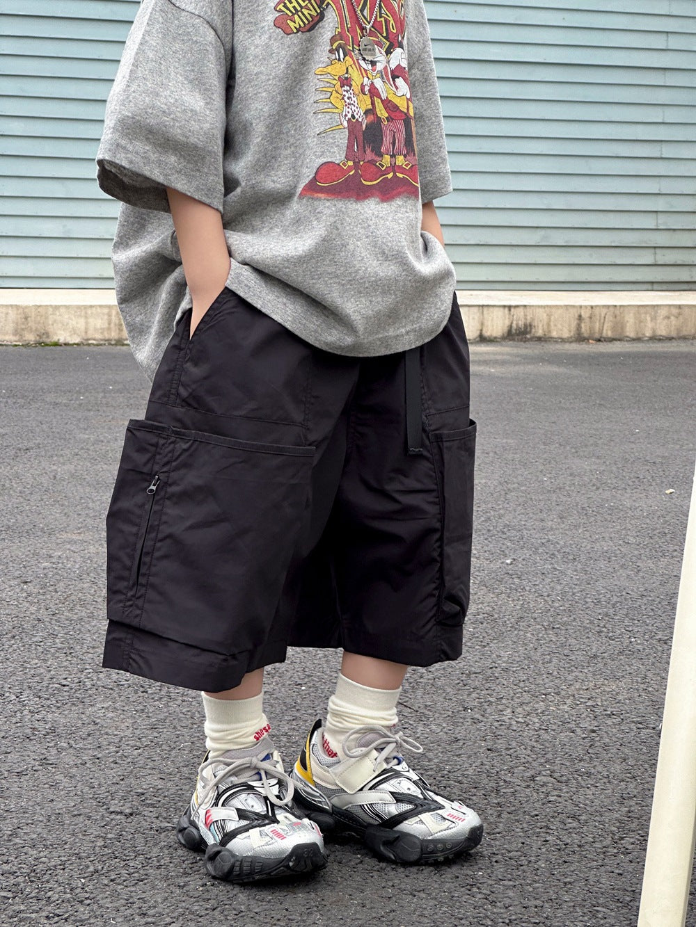 【100-160cm】大口袋拉鍊工裝五分褲