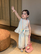 【90-140cm】不規則設計背心+花邊棉布褲兩件套裝