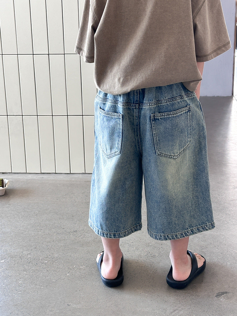 【100-170cm】酷帥破洞復古五分牛仔褲
