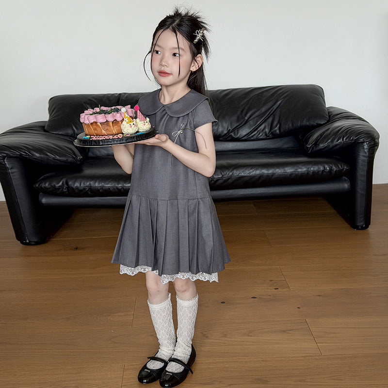 【100-170cm】韓系乖乖女孩蕾絲邊學院風百褶連身裙