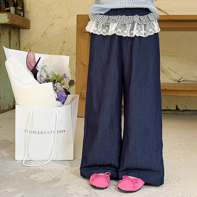 【100-170cm】韓系甜美雙層蕾絲花邊直筒褲