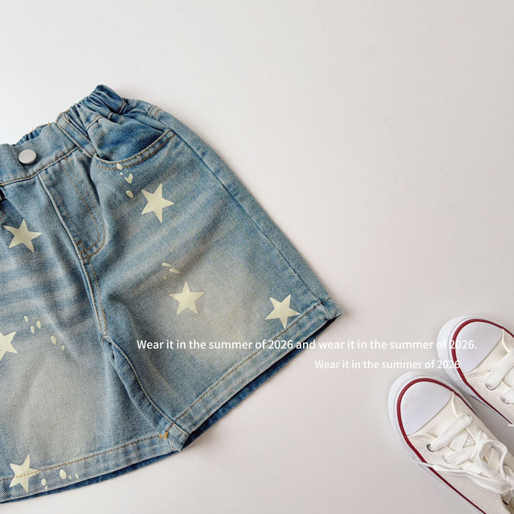 【90-150cm】復古星星印花牛仔五分中長褲