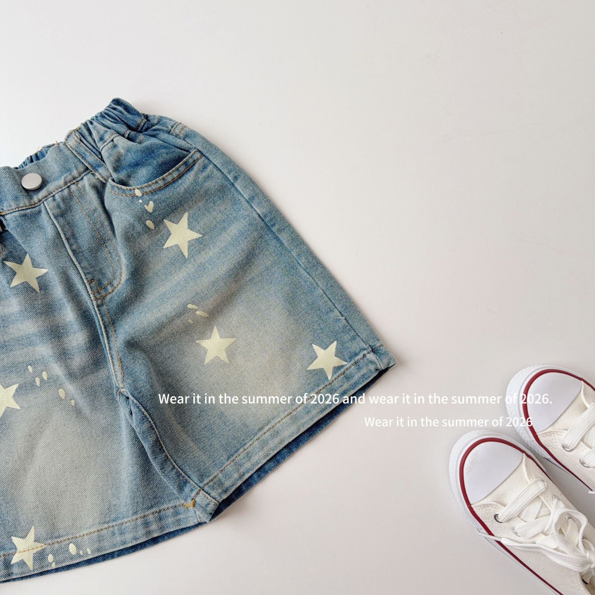 【90-150cm】復古星星印花牛仔五分中長褲