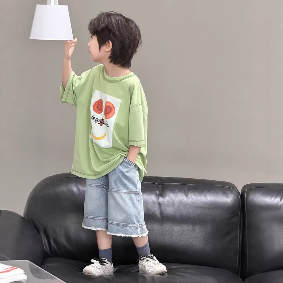 【100-170cm】砂洗毛邊明線牛仔五分褲