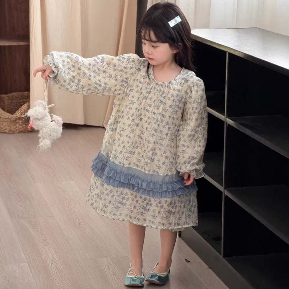 【90-140cm】雪紡碎花連身裙 | 小清新拼條公主連身裙