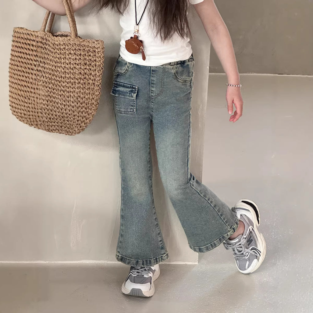 【100-150cm】微喇修身牛仔喇叭褲
