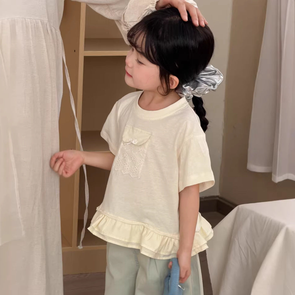 【90-140cm】荷葉邊蕾絲口袋短袖上衣