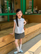 【100-170cm】條紋飛袖學院風花邊襯衫 | 短裙