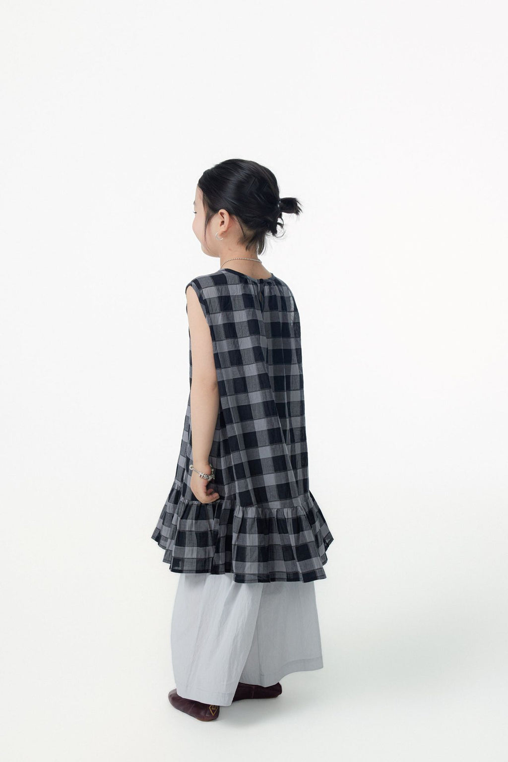 【90-150cm / F】【親子裝】日系荷葉邊黑灰格背心裙
