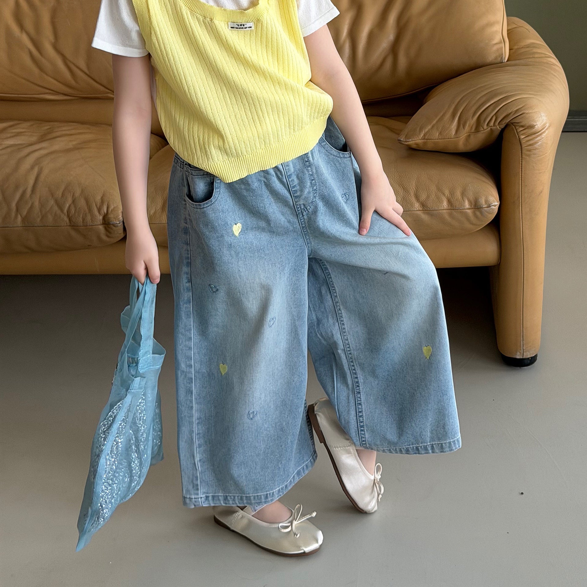 【100-160cm】韓版刺繡愛心牛仔褲