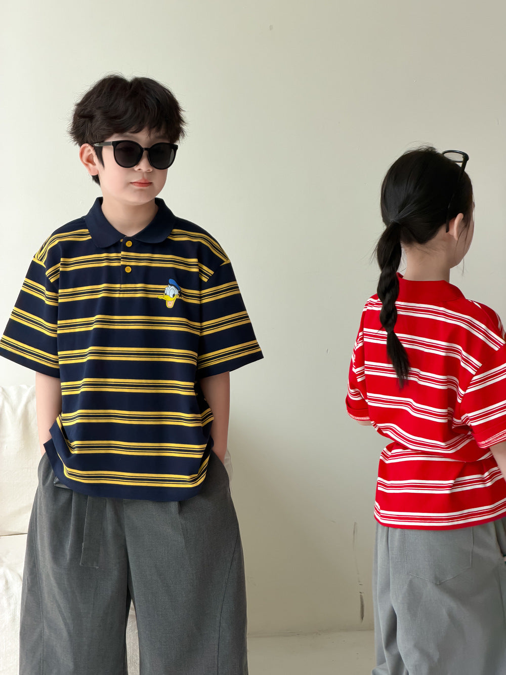 【100-160cm】韓版卡通撞色條紋polo短袖