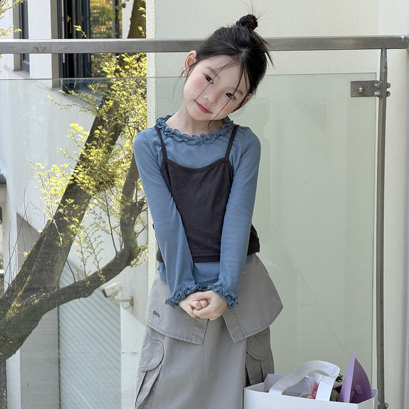 【100-170cm】法式花邊疊穿吊帶上衣兩件套