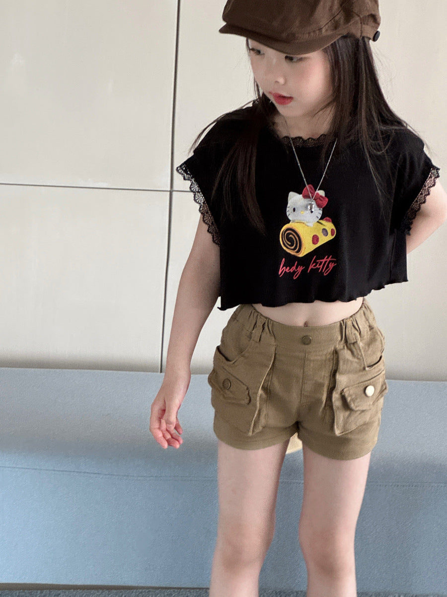 【100-150cm】KT蕾絲拼接短版T