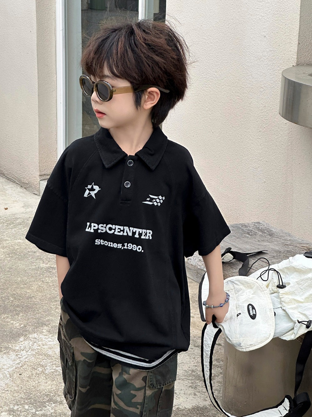 【100-160cm】字母拼接假兩件翻領短袖POLO衫