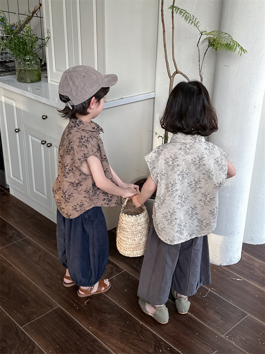 【80-140cm】碎花復古短袖襯衫