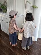 【80-140cm】碎花復古短袖襯衫