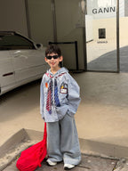 【90-160cm】韓版寬鬆休閒印花連帽襯衫