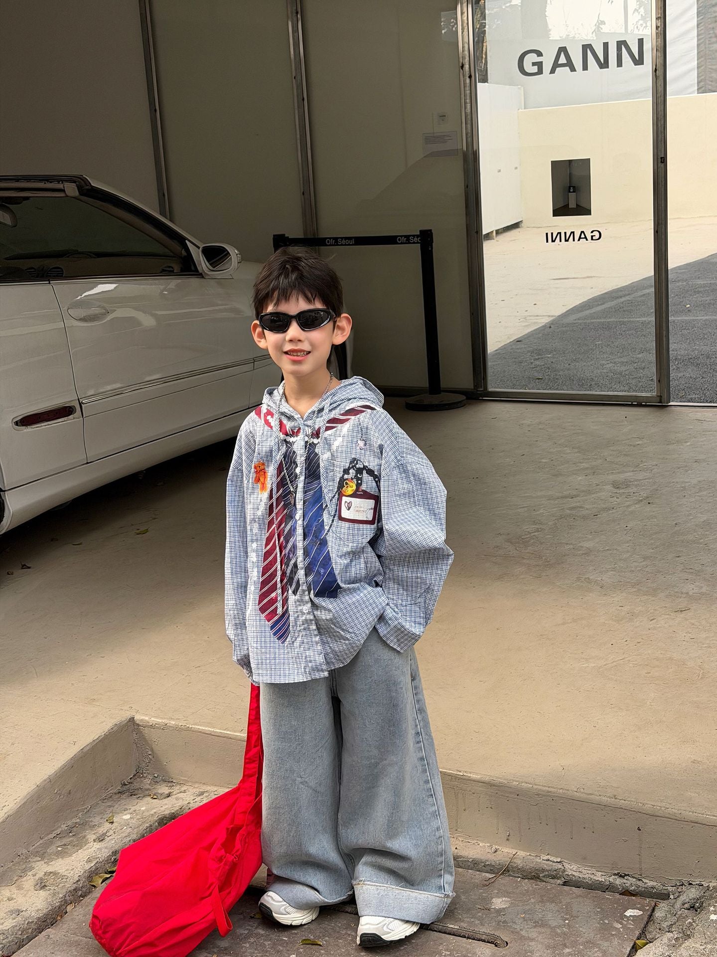 【90-160cm】韓版寬鬆休閒印花連帽襯衫