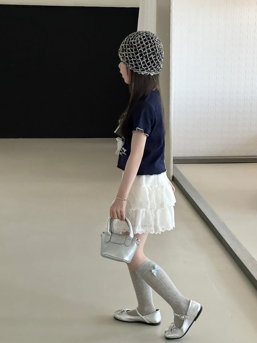 【100-150cm】甜美蕾絲蝴蝶結T