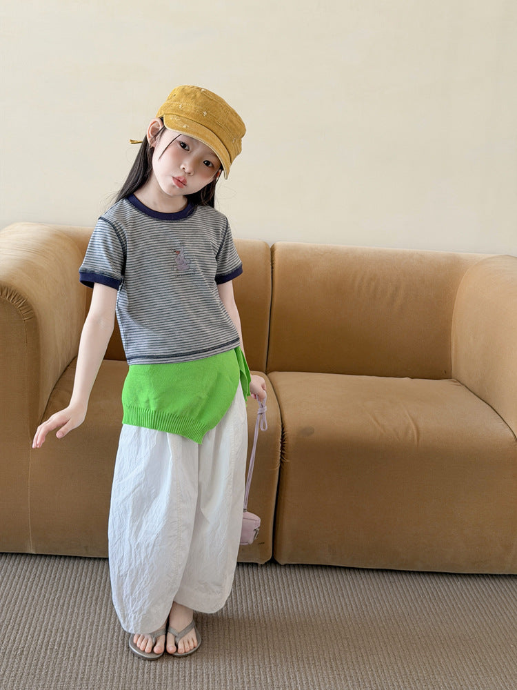 【100-170cm】休閒撞色復古條紋卡通T | 白色休閒褲