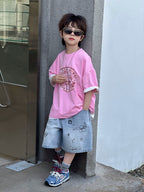 【100-160cm】塗鴉印花牛仔五分褲