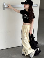 【100-150cm】韓版織帶蝴蝶結休閒闊腿褲