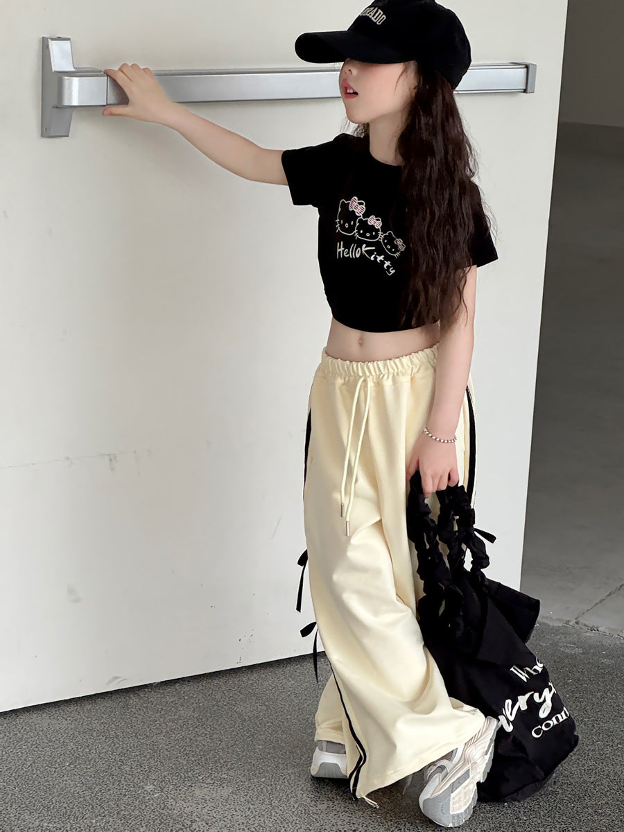 【100-150cm】韓版織帶蝴蝶結休閒闊腿褲